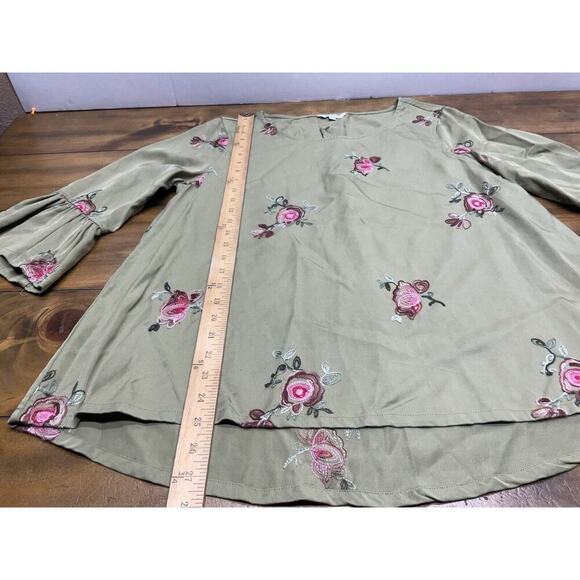 John Mark Women's M Olive Green Floral Embroidered Tunic Top 3/4 Bell Sleeve - Picture 7 of 11